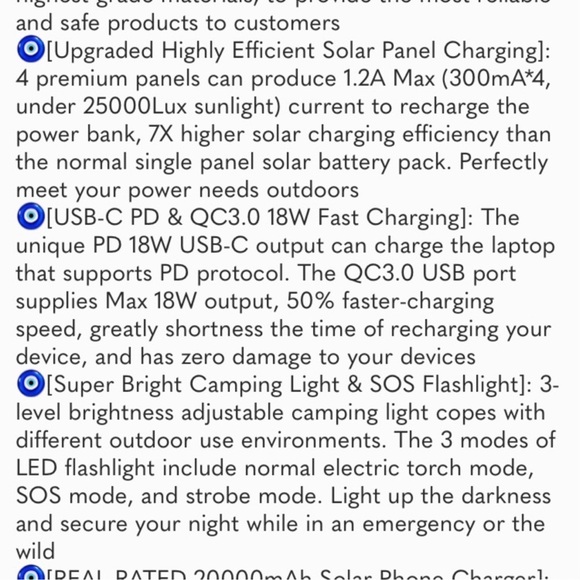 Solar Charger Power Bank, PD 18W QC3.0 Fast Charging 20000mAh Solar Powered - Picture 7 of 7